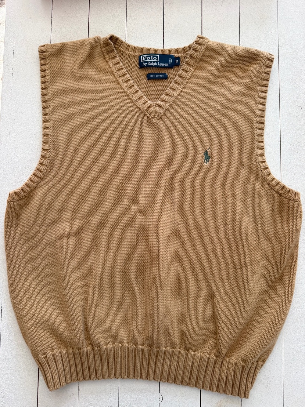Polo Ralph Lauren Men’s Tan V-Neck Sweater Vest Green Pony Logo | Medium